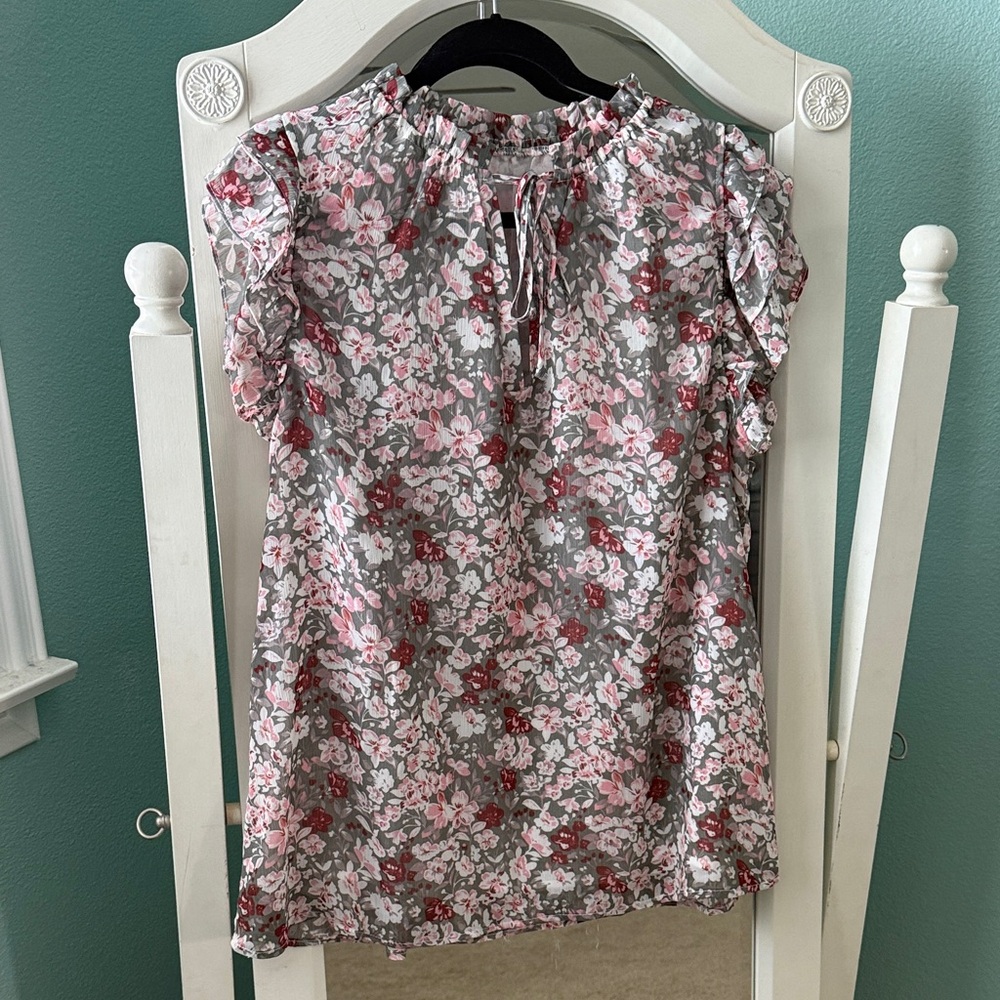 Floral Ruffle Sleeve Blouse - Pink and Gray